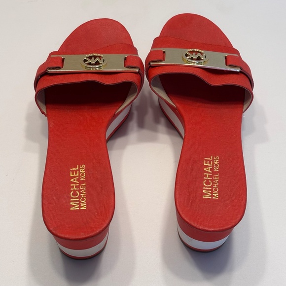 Michael Michael Kors Women's Wedges Sandals Slip On SZ 8 Red White Gold MK Accen - Picture 8 of 12